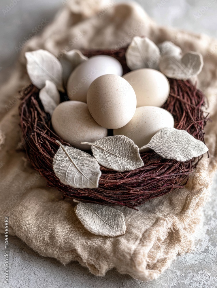 Poster soft cotton nest holding delicate eggs surrounded by textured leaves in a serene setting generative 