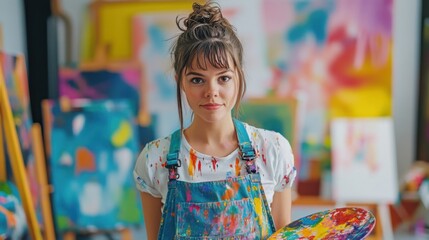 Young woman standing in an art studio with colorful paintings and palette, showcasing creativity and passion for painting and artistic expression