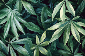 Lush Green Leaves Arrangement Against a Dark Backdrop Botanical Beauty