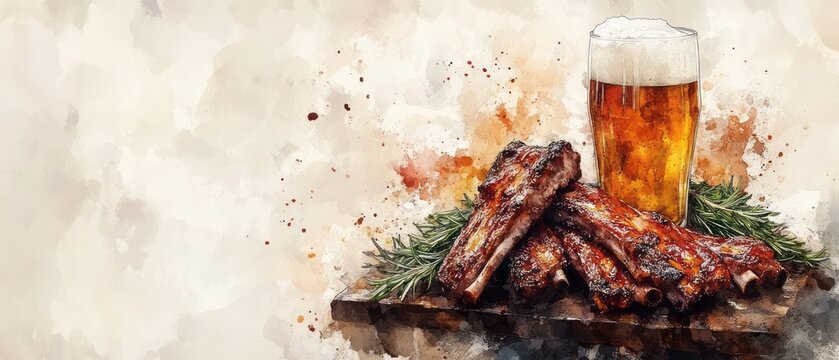 A painted still life of grilled ribs and a beer.