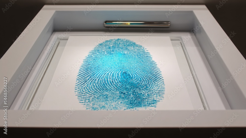 Poster artistic representation of a fingerprint positioned over an upload tray illustrating authorized data