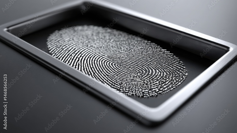 Poster a clear perspective of a fingerprint resting on an upload tray highlighting the concept of authorize