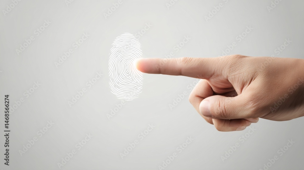 Poster innovative image of a fingerprint touching a search icon representing identity-based recognition in 