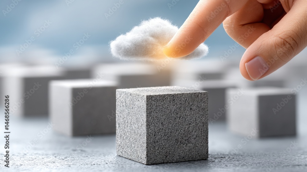 Poster a hand reaching out to touch a cloud positioned above a concrete block symbolizing digital connectiv