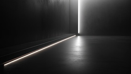 Dark, interior corner illuminated by light line.