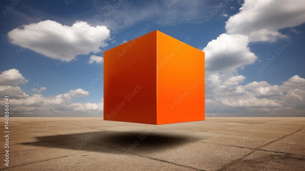 Poster concrete ground scene featuring a red cube positioned centrally representing concepts of scalability