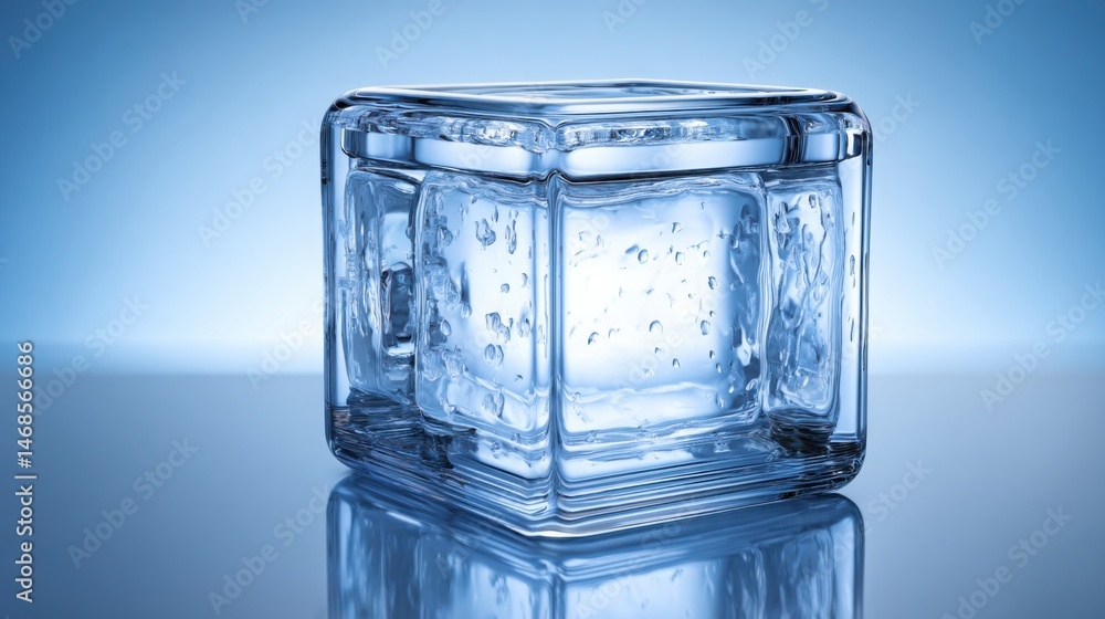 Poster ice cube with transparency overlay showcasing clarity and purity in a minimalist visual presentation