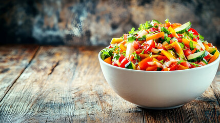 Colorful Vegetable Salad in White Bowl on Wooden Table