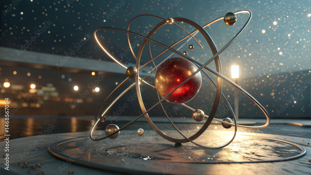 Poster an artistic rendering of an atom with a captivating cosmic background.