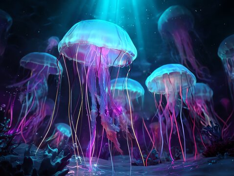 Jellyfish glowing underwater marine life - Powered by Adobe