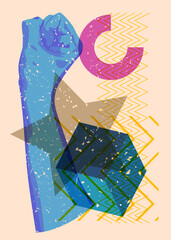 Risograph Clenched fist with geometric shapes. Objects in trendy riso graph print texture style design with geometry elements.