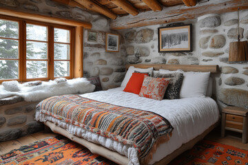 Bedroom with sunlight streaming through window, casting shadows on a neatly made bed.