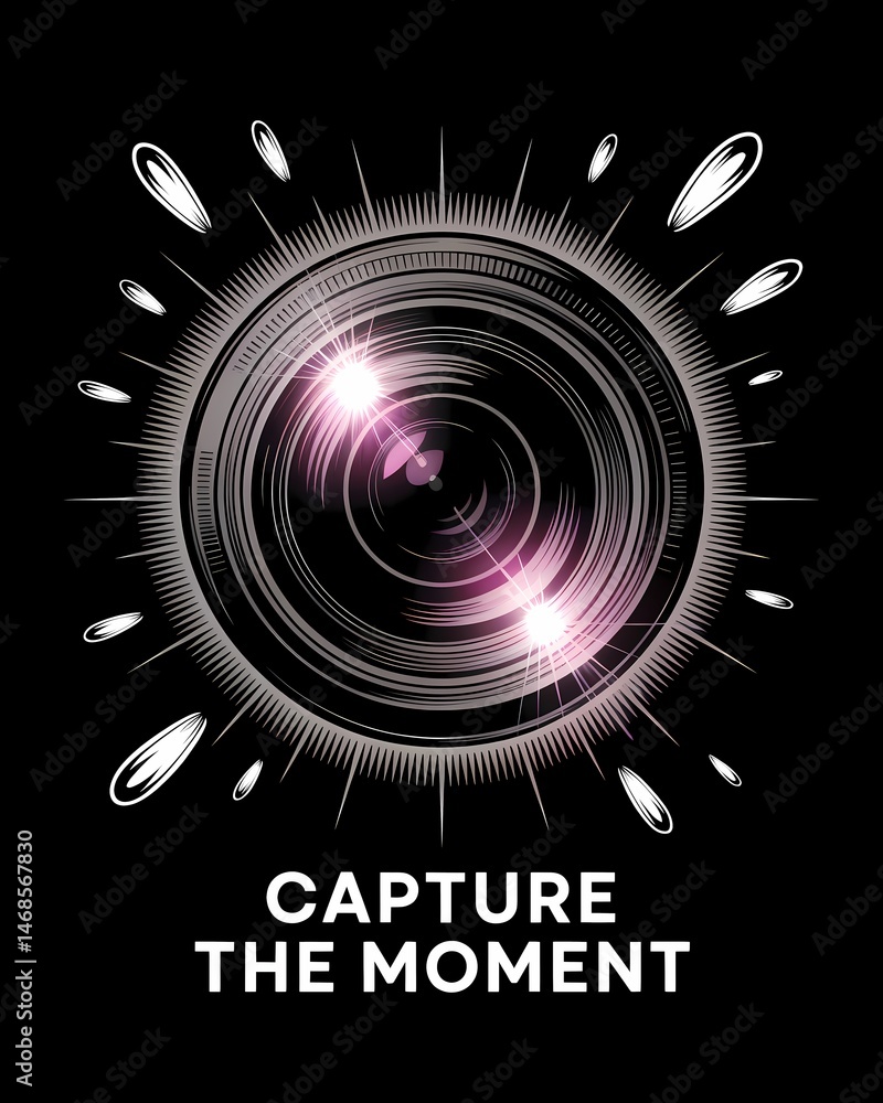 Poster stylized camera lens graphic with bright flares creating a dynamic and captivating composition
