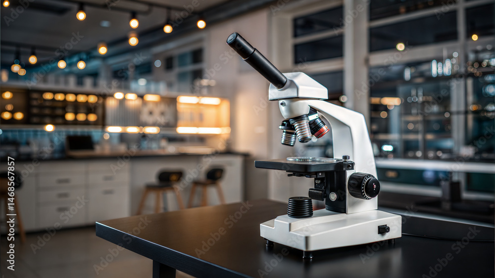 Poster microscope on dark table in a well lit science laboratory setting