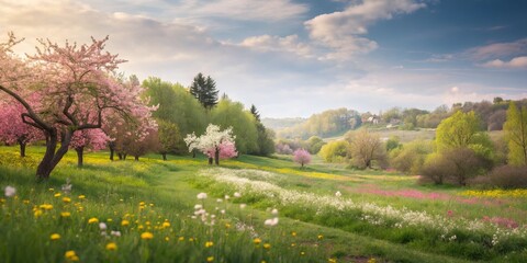 Naklejka premium Blooming Meadow Pink and White Blossoms in a Serene Spring Landscape, Springtime ,Nature