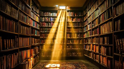 Luxury private library filled ancient books golden light beams cinematic moody atmosphere