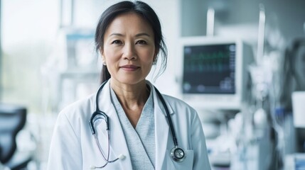 Confident Asian female doctor standing in modern hospital setting with medical equipment, showcasing professionalism and dedication to patient care