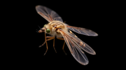 A close-up of a brown and black biting midge with translucent wings in flight against a black background.