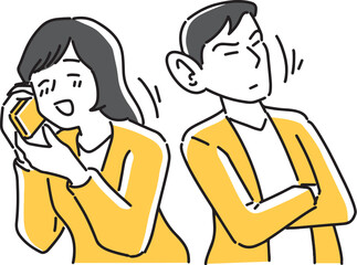 女性の通話に聞き耳を立てる男性