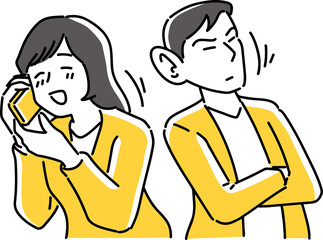 女性の通話に聞き耳を立てる男性