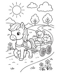 Coloring book pony pulls a small wooden cart filled with hay and a teddy bear along a winding path 