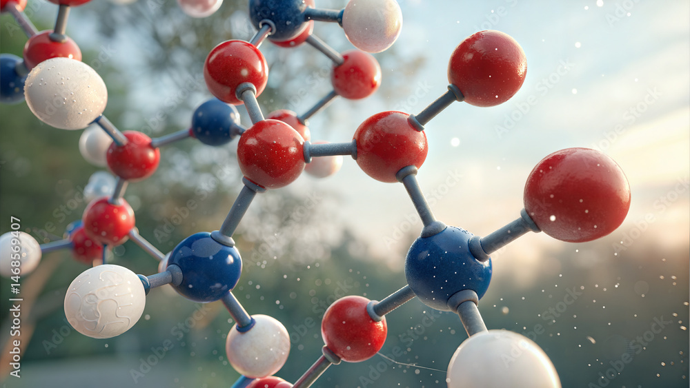 Poster atomic structure visualization a complex molecule with red blue and white spheres