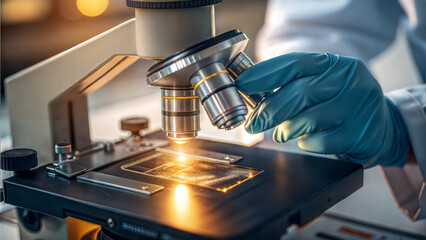 Close up of microscope with gloved hand adjusting objective lens for analysis