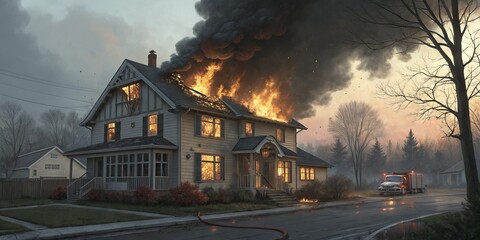 Burning Home A Two-Story House Engulfed in Flames, Firetruck Arriving, Emergency ,Disaster