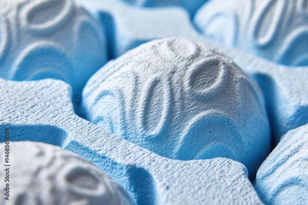 Aufkleber close-up details of textured egg carton showing embossed patterns against a blue background in a nat