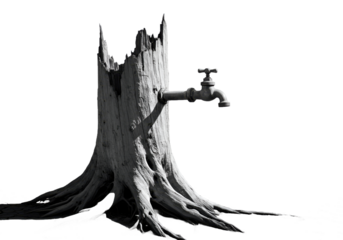 Water Crisis A Faucet on a Decaying Tree Stump - Symbol of Scarcity