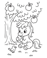 Coloring book pony sits under an apple tree, happily eating an apple while a small bird looks on. 