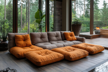 Large couch in front of fireplace.