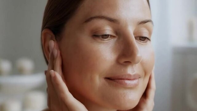 Mulher fazendo massagem facial.
