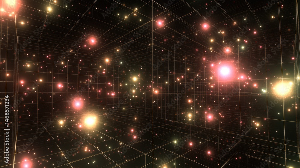 Poster abstract digital space, glowing particles in a grid