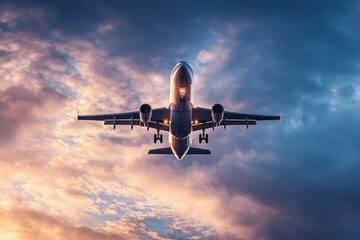 Airplane Landing Approach Dramatic Sunset Sky Clouds Commercial Flight Travel