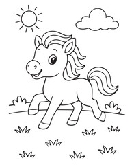 Coloring book pony happily gallops across a grassy field under a bright sun and a fluffy cloud. 