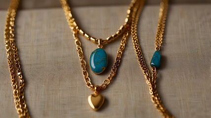Layered gold necklaces on a linen fabric background 