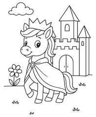 Coloring book pony wearing a crown and cape stands proudly in front of a fairytale castle with a flower nearby under a fluffy cloud