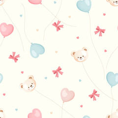 Seamless vector pattern featuring teddy bears, pastel heart shaped balloons, small hearts and decorative bows. Light background. Ideal for baby products, gift wrap and Valentines Day