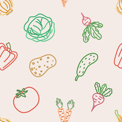 Flat vector seamless pattern with outlined vegetables in color. Includes cabbage, carrot, beetroot, potato, tomato, cucumber, radish, onion, pepper. Suitable for healthy food and eco packaging