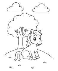 Coloring book pony sits on a grassy hill under a large tree with fluffy clouds in the sky.