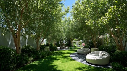 Fototapeta premium Lush green backyard with modern seating and vibrant trees under a bright blue sky