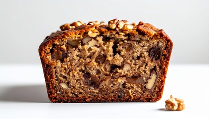 Closeup of goldenbrown muffin topped with crunchy nuts, a delicious treat closeup