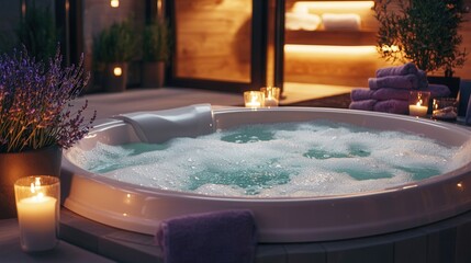 Relaxing Hot Tub with Bubbles Candles and Lavender