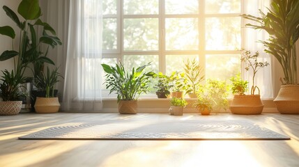 Fototapeta premium Sunlit Room with Houseplants and a Rug