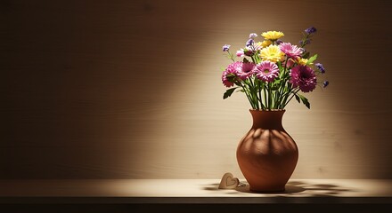 Naklejka premium Beautiful bouquet of flowers in terracotta vase, elegant still life