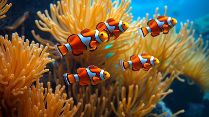 family of clownfish swim in a tank among anemones recreated in captivity