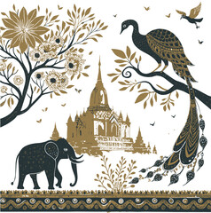 Oriental Black and Gold Designs, vibrant nature and architecture featuring an elephant and a peacock. Commercial use