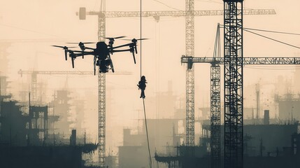 Naklejka premium Silhouette of construction site with drone and worker.