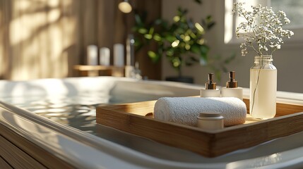 Wooden Tray with Accessories on Bathtub in Modern Bathroom Room